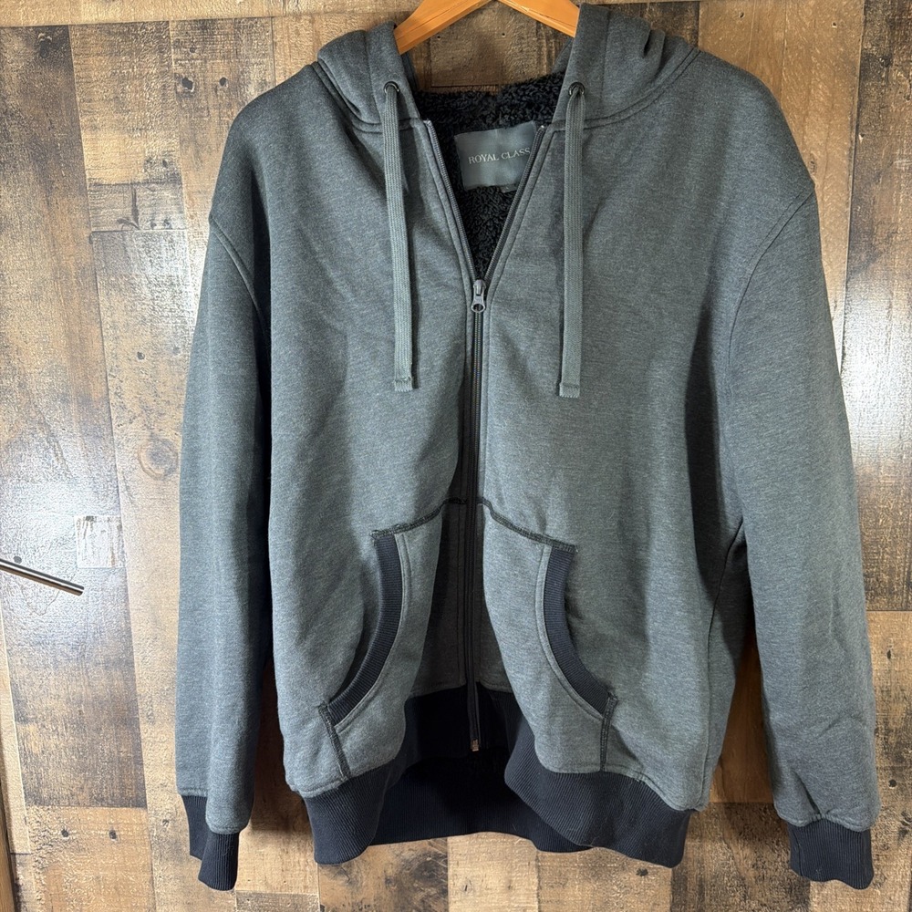 Royal Class Mens Heavyweight Sherpa Lined Full Zip Hoodie Jacket Gray Black Sz L